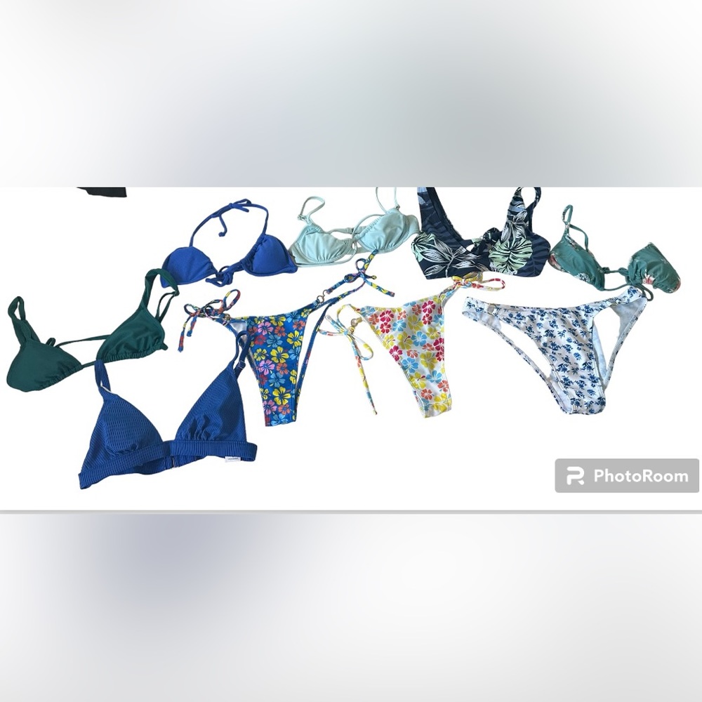 A mix of bikini tops and bottoms all size small